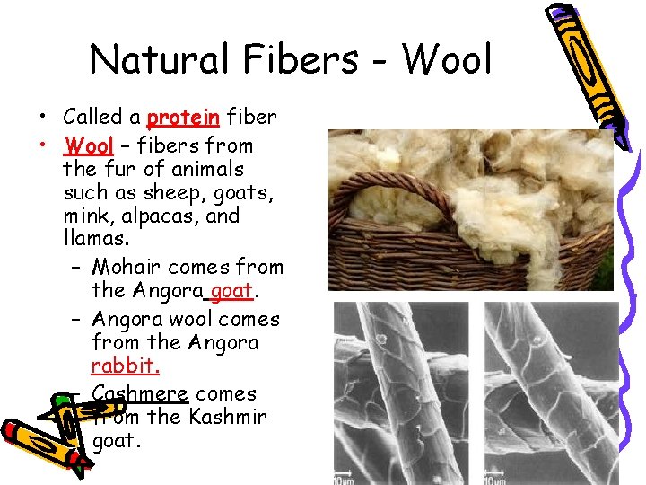Natural Fibers - Wool • Called a protein fiber • Wool – fibers from