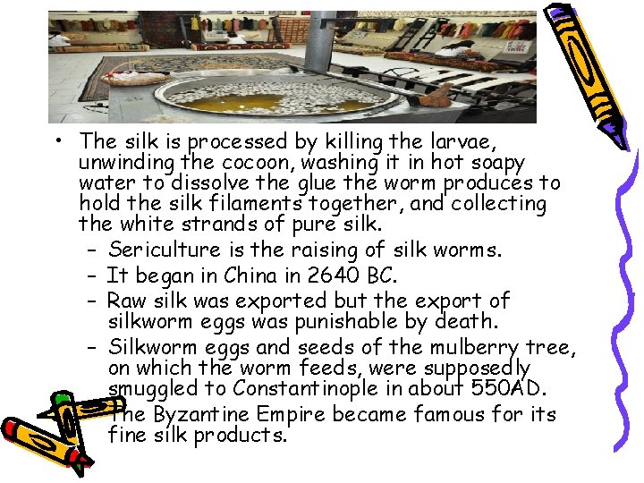  • The silk is processed by killing the larvae, unwinding the cocoon, washing