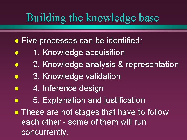 Building the knowledge base Five processes can be identified: l 1. Knowledge acquisition l