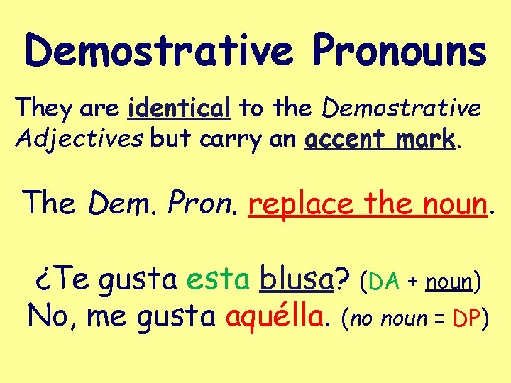 Demostrative Pronouns They are identical to the Demostrative Adjectives but carry an accent mark.