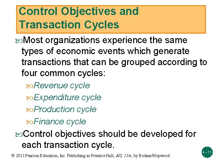 Control Objectives and Transaction Cycles Most organizations experience the same types of economic events