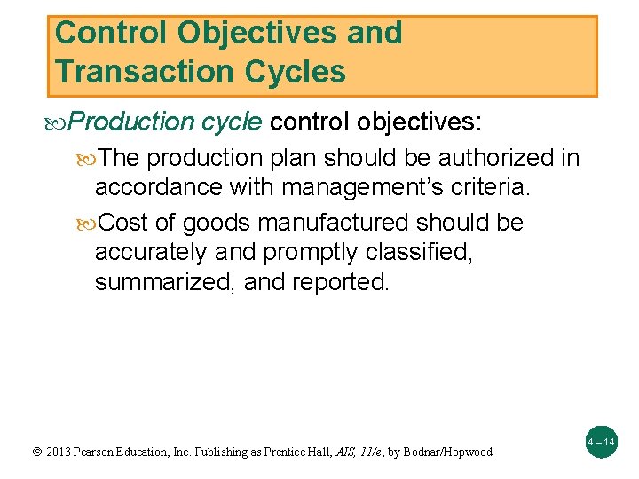 Control Objectives and Transaction Cycles Production cycle control objectives: The production plan should be