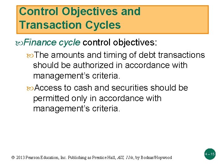 Control Objectives and Transaction Cycles Finance cycle control objectives: The amounts and timing of