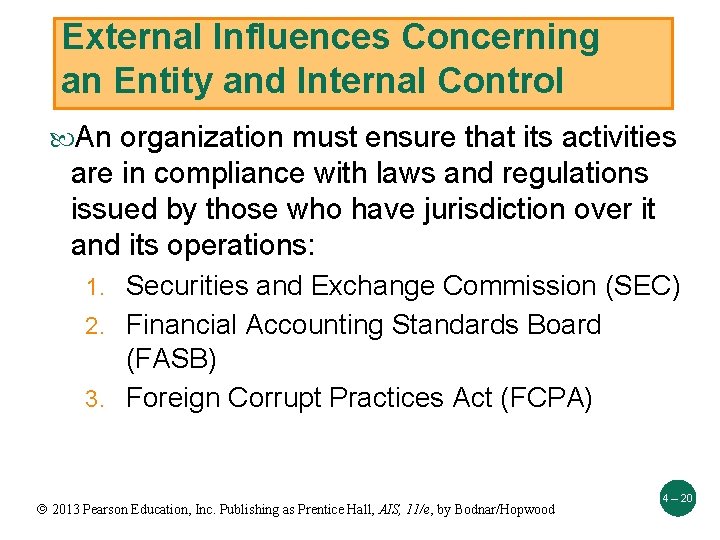 External Influences Concerning an Entity and Internal Control An organization must ensure that its