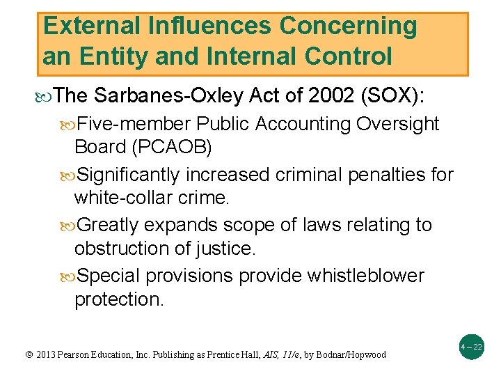 External Influences Concerning an Entity and Internal Control The Sarbanes-Oxley Act of 2002 (SOX):