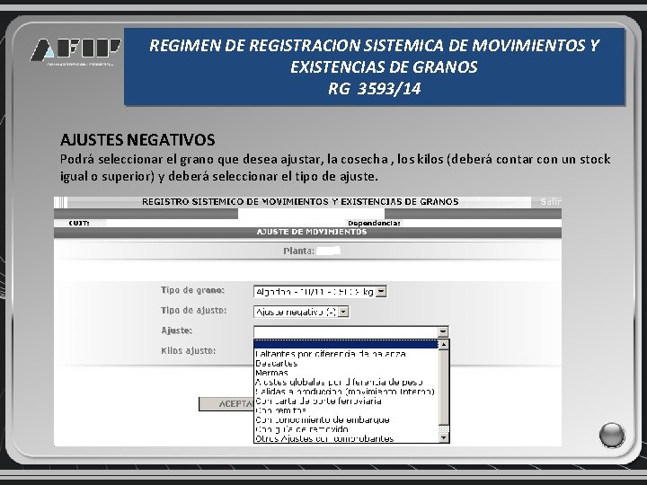 REGIMEN DE REGISTRACION SISTEMICA DE MOVIMIENTOS Y EXISTENCIAS DE GRANOS RG 3593/14 AJUSTES NEGATIVOS