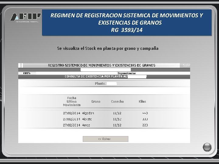 REGIMEN DE REGISTRACION SISTEMICA DE MOVIMIENTOS Y EXISTENCIAS DE GRANOS RG 3593/14 Se visualiza