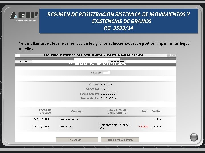 REGIMEN DE REGISTRACION SISTEMICA DE MOVIMIENTOS Y EXISTENCIAS DE GRANOS RG 3593/14 Se detallan