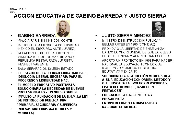 TEMA: 15. 2 Y 15. 3 ACCION EDUCATIVA DE GABINO BARREDA Y JUSTO SIERRA