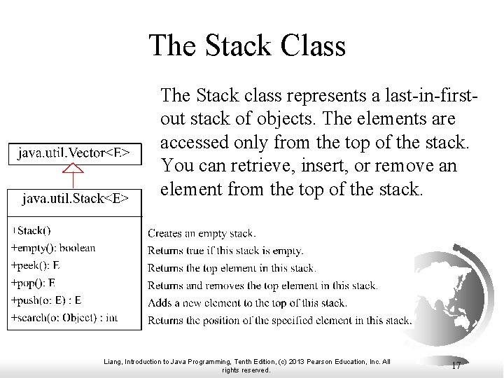 The Stack Class The Stack class represents a last-in-firstout stack of objects. The elements