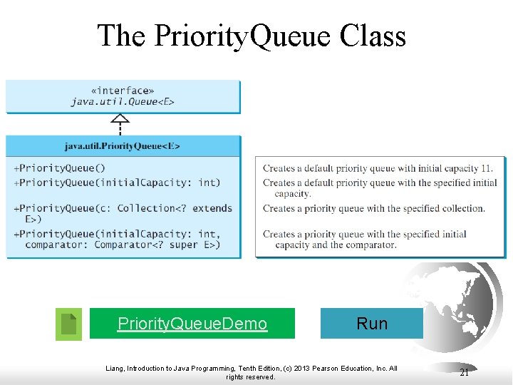 The Priority. Queue Class Priority. Queue. Demo Run Liang, Introduction to Java Programming, Tenth