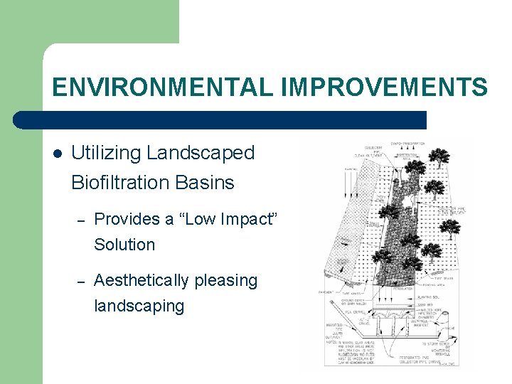 ENVIRONMENTAL IMPROVEMENTS l Utilizing Landscaped Biofiltration Basins – Provides a “Low Impact” Solution –