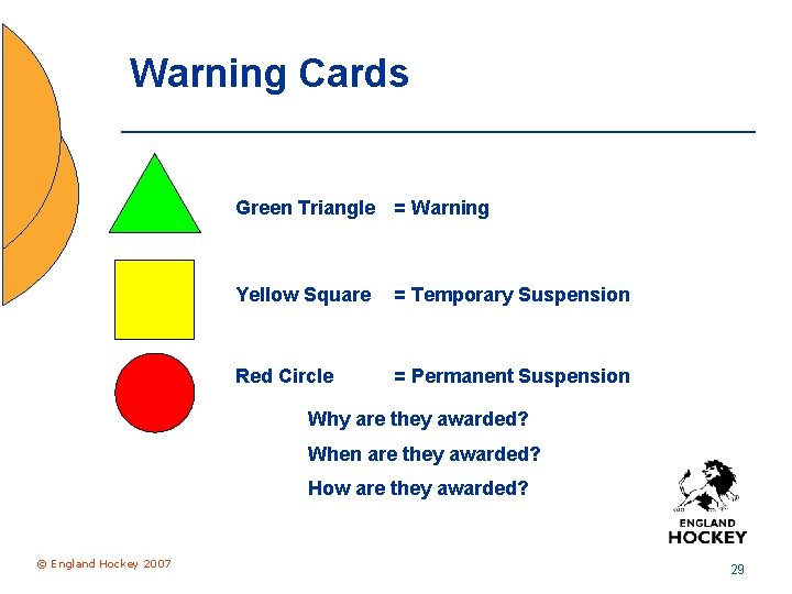 Warning Cards Green Triangle = Warning Yellow Square = Temporary Suspension Red Circle =