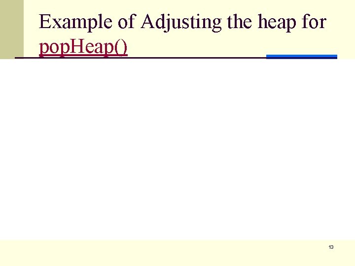 Example of Adjusting the heap for pop. Heap() 13 