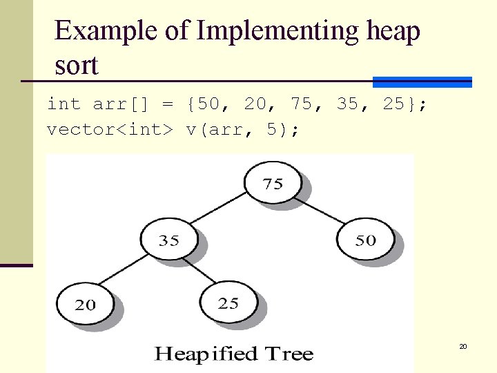 Example of Implementing heap sort int arr[] = {50, 20, 75, 35, 25}; vector<int>