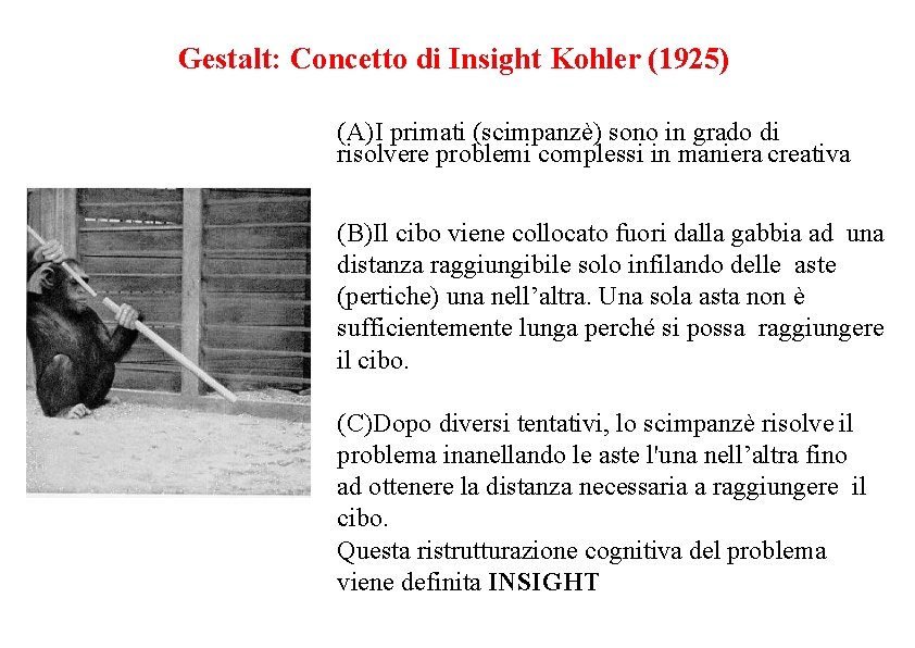Gestalt: Concetto di Insight Kohler (1925) (A)I primati (scimpanzè) sono in grado di risolvere