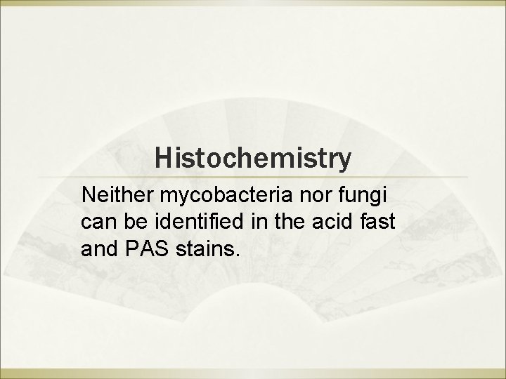 Histochemistry Neither mycobacteria nor fungi can be identified in the acid fast and PAS Histochemistry Neither mycobacteria nor fungi can be identified in the acid fast and PAS