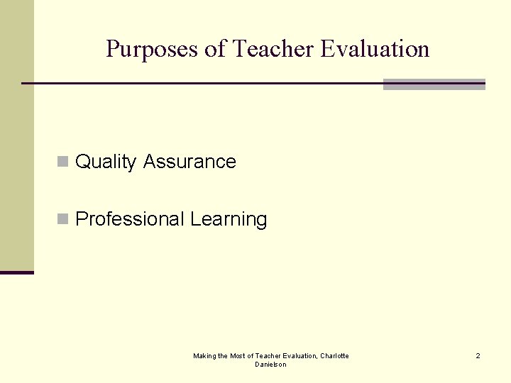 Purposes of Teacher Evaluation n Quality Assurance n Professional Learning Making the Most of