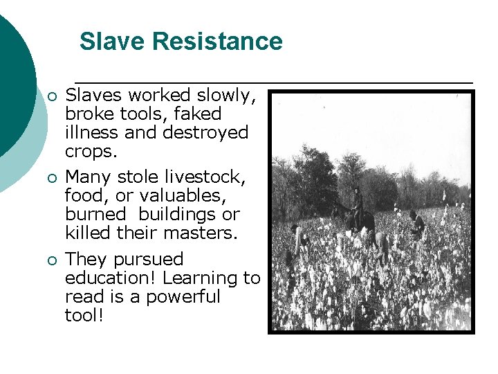Slave Resistance ¡ ¡ ¡ Slaves worked slowly, broke tools, faked illness and destroyed