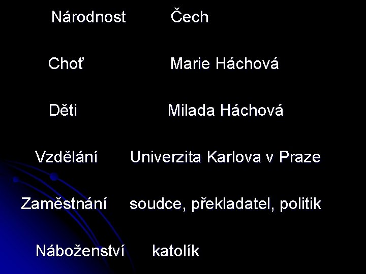  Národnost Čech Choť Marie Háchová Děti Milada Háchová Vzdělání Univerzita Karlova v Praze