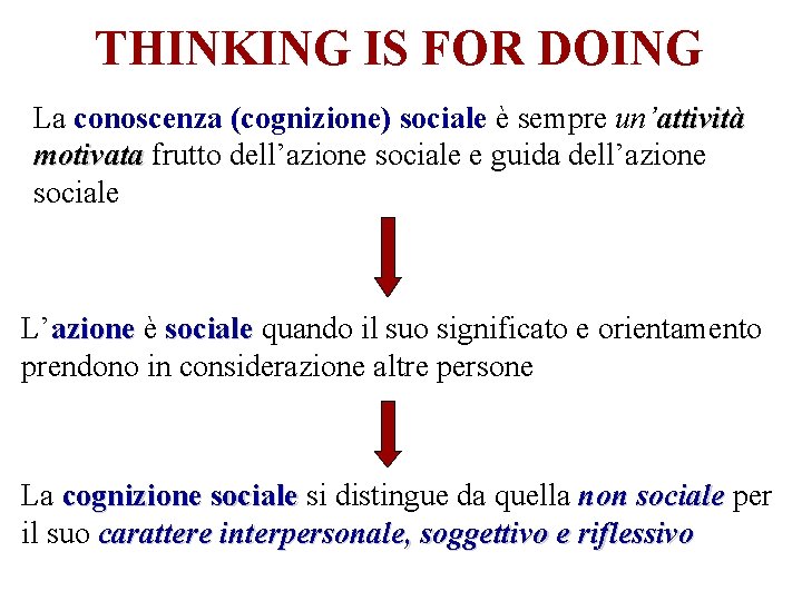 THINKING IS FOR DOING La conoscenza (cognizione) sociale è sempre un’attività motivata frutto dell’azione