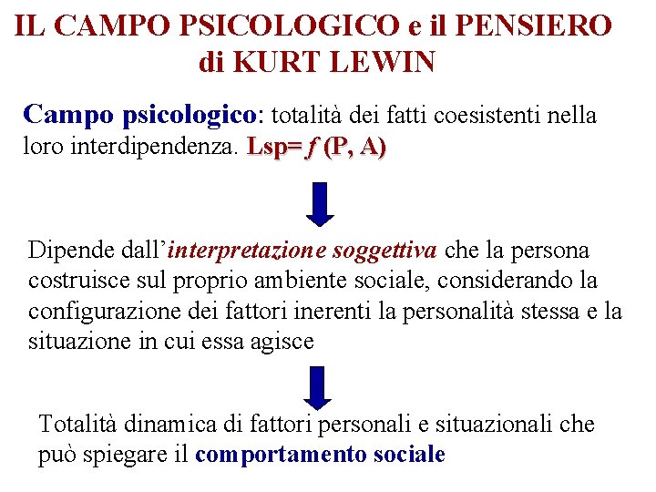 IL CAMPO PSICOLOGICO e il PENSIERO di KURT LEWIN Campo psicologico: totalità dei fatti