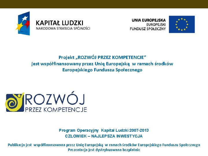 Projekt „ROZWÓJ PRZEZ KOMPETENCJE” jest współfinansowany przez Unię Europejską w ramach środków Europejskiego Funduszu Projekt „ROZWÓJ PRZEZ KOMPETENCJE” jest współfinansowany przez Unię Europejską w ramach środków Europejskiego Funduszu