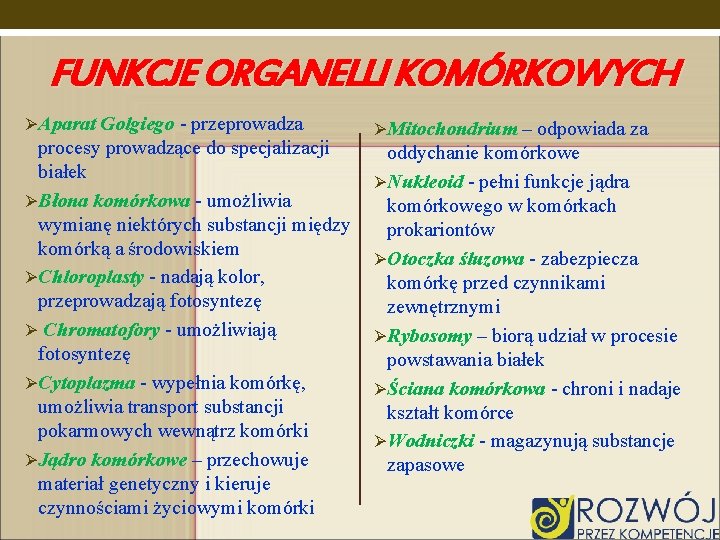 FUNKCJE ORGANELLI KOMÓRKOWYCH ØAparat Golgiego - przeprowadza procesy prowadzące do specjalizacji białek ØBłona komórkowa