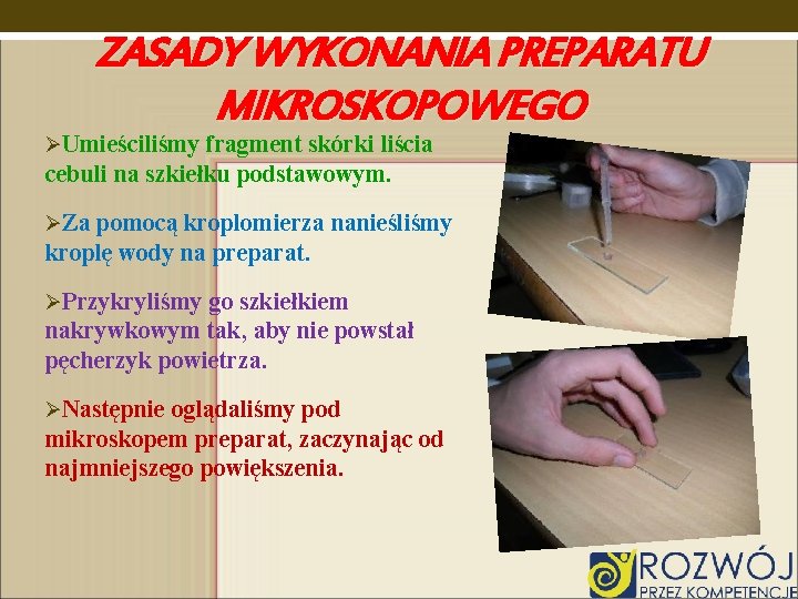 ZASADY WYKONANIA PREPARATU MIKROSKOPOWEGO ØUmieściliśmy fragment skórki liścia cebuli na szkiełku podstawowym. ØZa pomocą