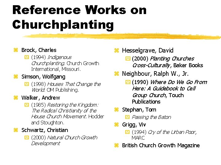 Reference Works on Churchplanting z Brock, Charles y (1994) Indigenous Churchplanting. Church Growth International,