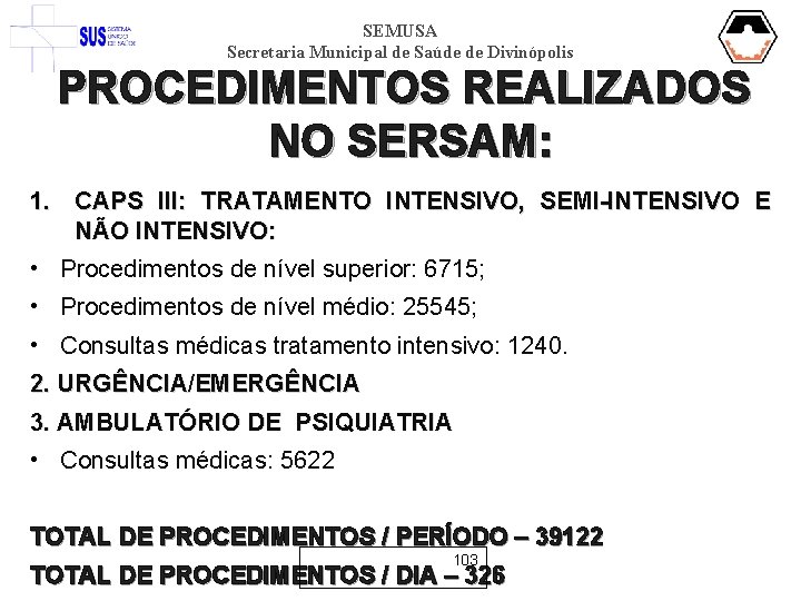 SEMUSA Secretaria Municipal de Saúde de Divinópolis PROCEDIMENTOS REALIZADOS NO SERSAM: 1. CAPS III: