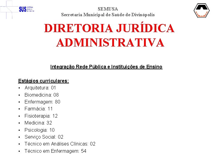 SEMUSA Secretaria Municipal de Saúde de Divinópolis DIRETORIA JURÍDICA ADMINISTRATIVA Integração Rede Pública e