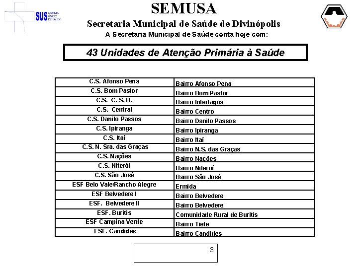 SEMUSA Secretaria Municipal de Saúde de Divinópolis A Secretaria Municipal de Saúde conta hoje