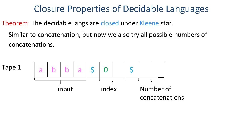 Closure Properties of Decidable Languages Theorem: The decidable langs are closed under Kleene star.