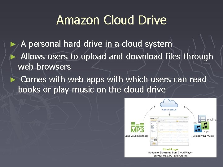 Amazon Cloud Drive A personal hard drive in a cloud system ► Allows users