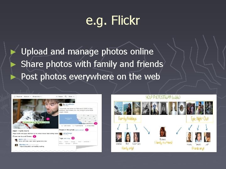 e. g. Flickr Upload and manage photos online ► Share photos with family and