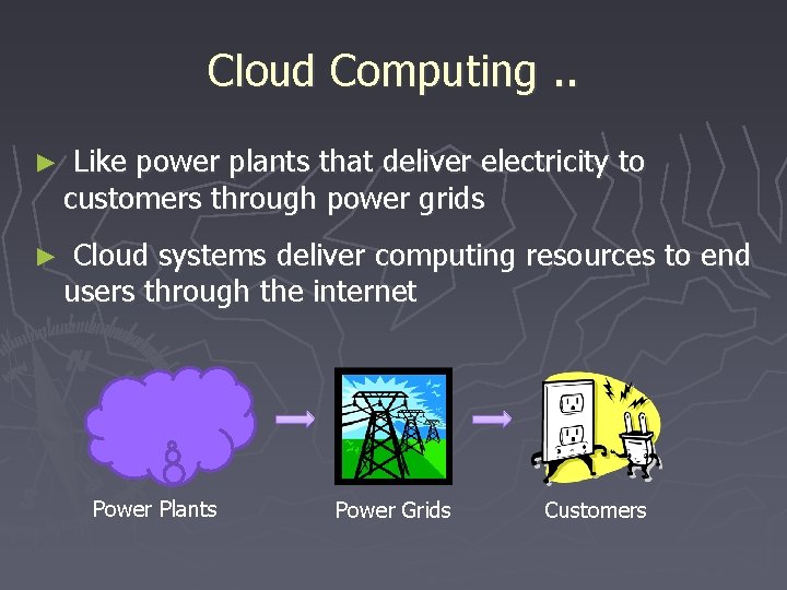 Cloud Computing. . ► Like power plants that deliver electricity to customers through power