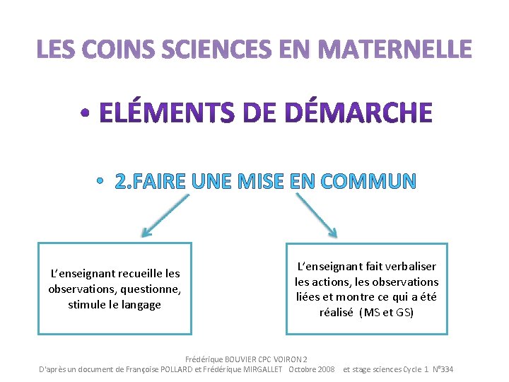 LES COINS SCIENCES EN MATERNELLE • 2. FAIRE UNE MISE EN COMMUN L’enseignant recueille