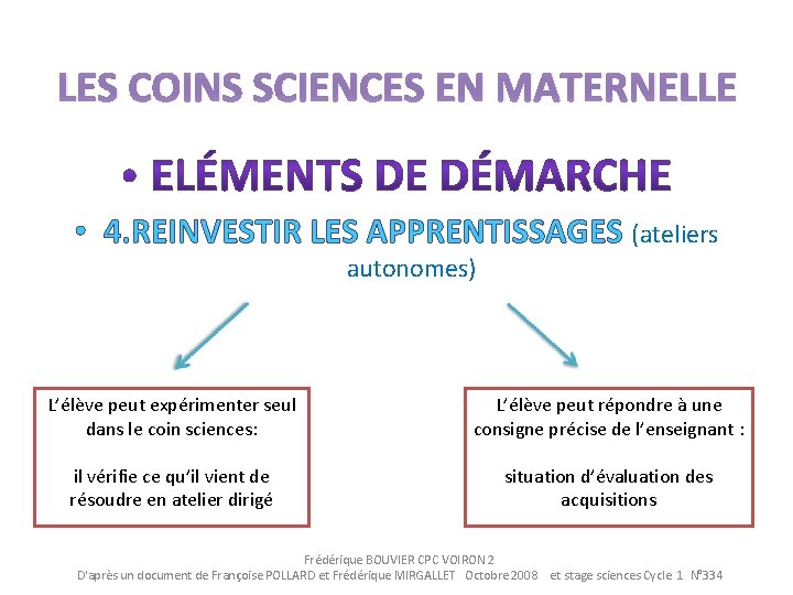 LES COINS SCIENCES EN MATERNELLE • 4. REINVESTIR LES APPRENTISSAGES (ateliers autonomes) L’élève peut