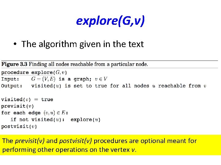 explore(G, v) • The algorithm given in the text The previsit(v) and postvisit(v) procedures