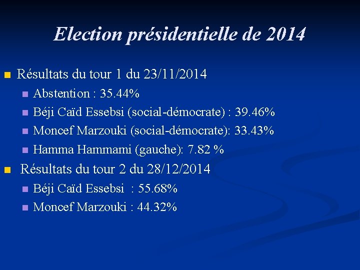 Election présidentielle de 2014 n Résultats du tour 1 du 23/11/2014 n n n