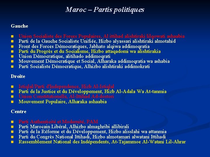 Maroc – Partis politiques Gauche n n n n Union Socialiste des Forces Populaires,