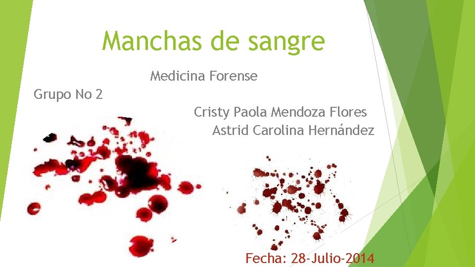 Manchas de sangre Medicina Forense Grupo No 2 Cristy Paola Mendoza Flores Astrid Carolina