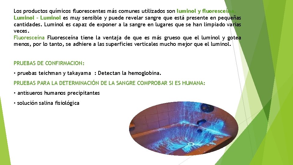 Los productos químicos fluorescentes más comunes utilizados son luminol y fluoresceína. Luminol - Luminol