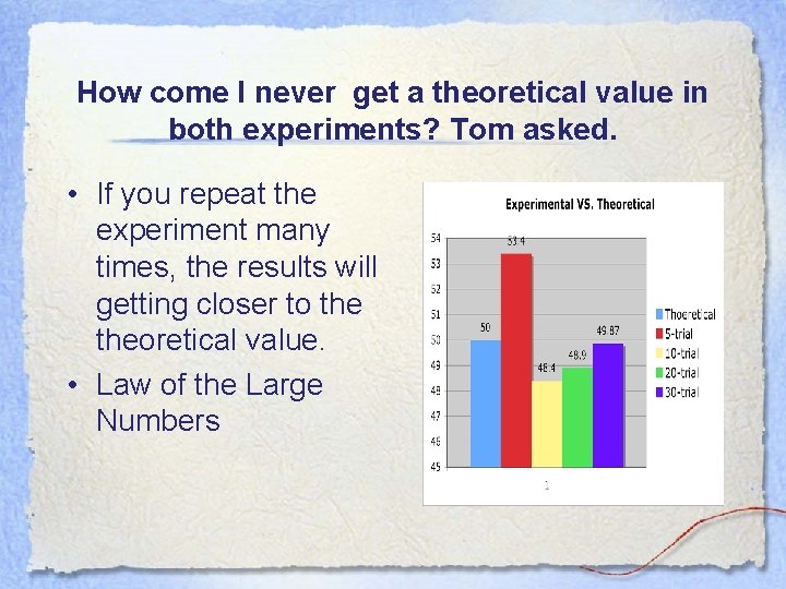 How come I never get a theoretical value in both experiments? Tom asked. •