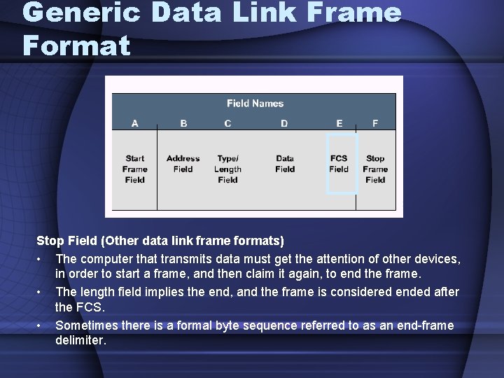 Generic Data Link Frame Format Stop Field (Other data link frame formats) • The