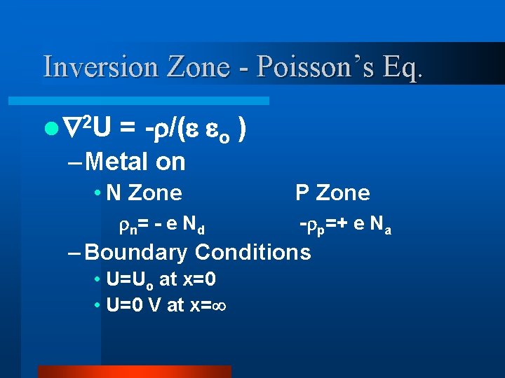 Inversion Zone - Poisson’s Eq. l 2 U = - /( o ) –