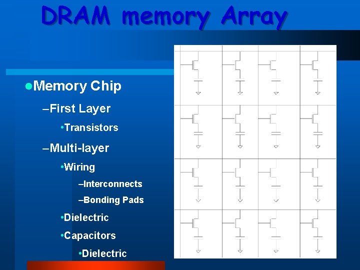 DRAM memory Array l. Memory Chip –First Layer • Transistors –Multi-layer • Wiring –Interconnects
