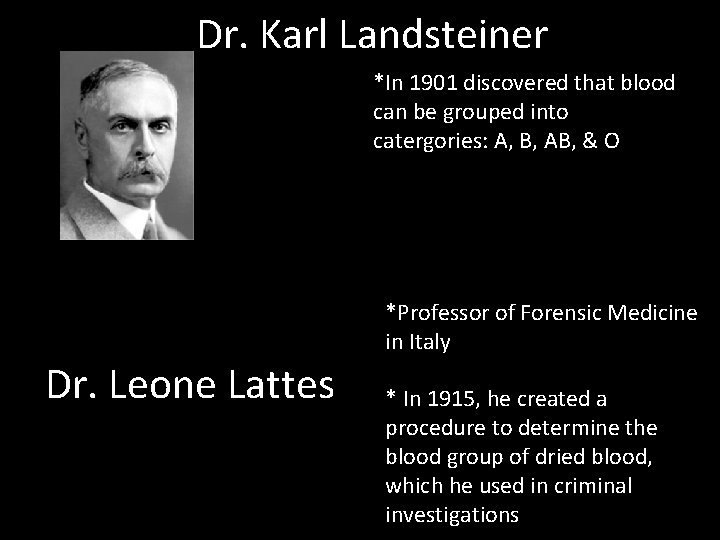 Dr. Karl Landsteiner *In 1901 discovered that blood can be grouped into catergories: A,