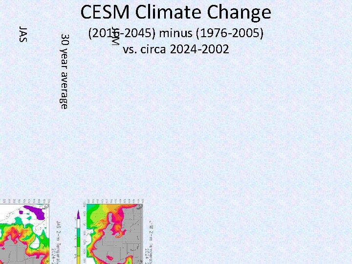 CESM Climate Change JFM 30 year average JAS (2016 -2045) minus (1976 -2005) vs.